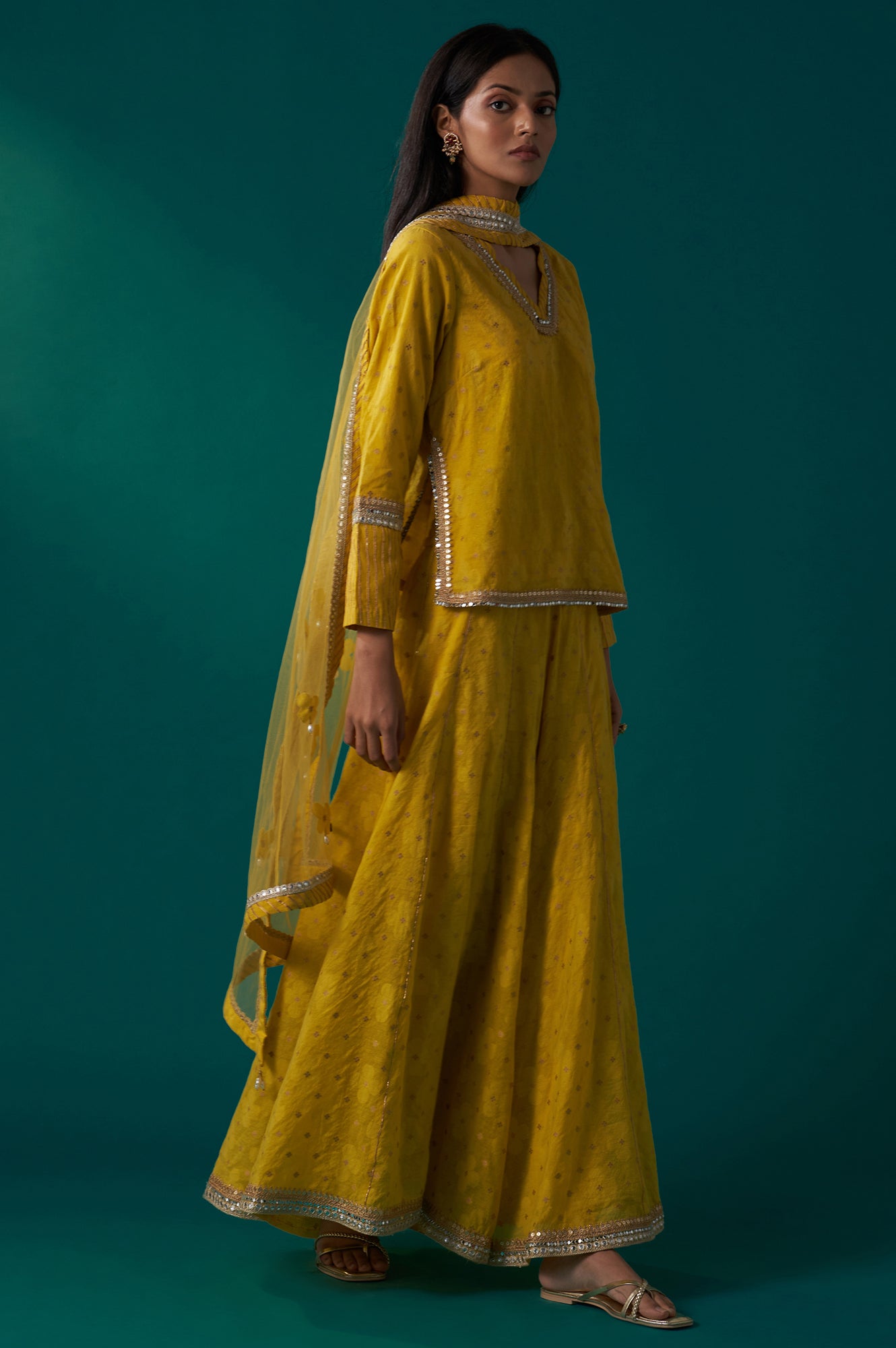 Yellow Embroidered Jacquard Straight Short Kurta with Culotte and Dupatta Set