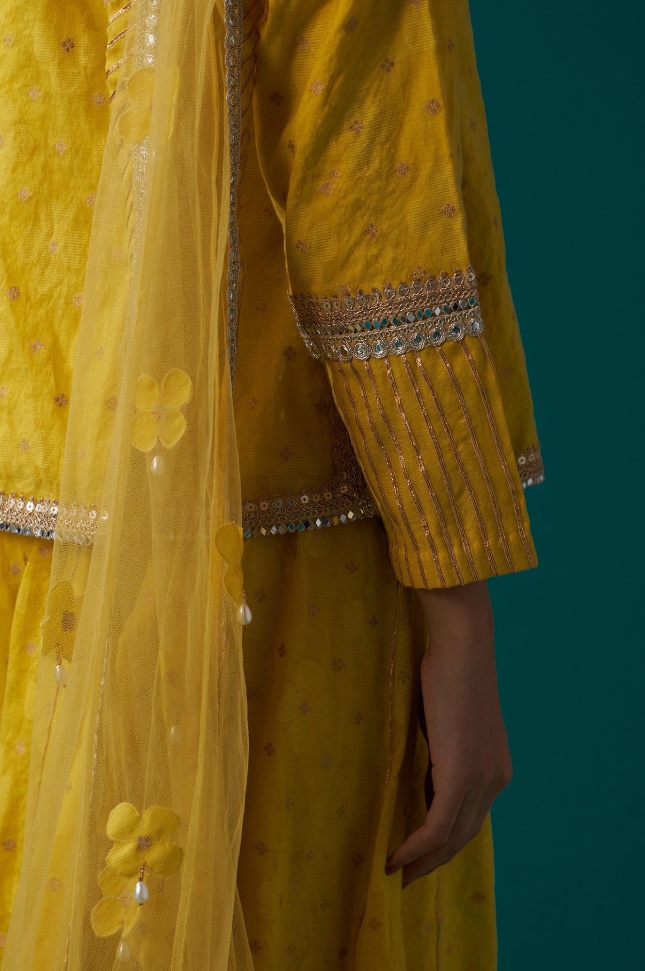 Yellow Embroidered Jacquard Straight Short Kurta with Culotte and Dupatta Set