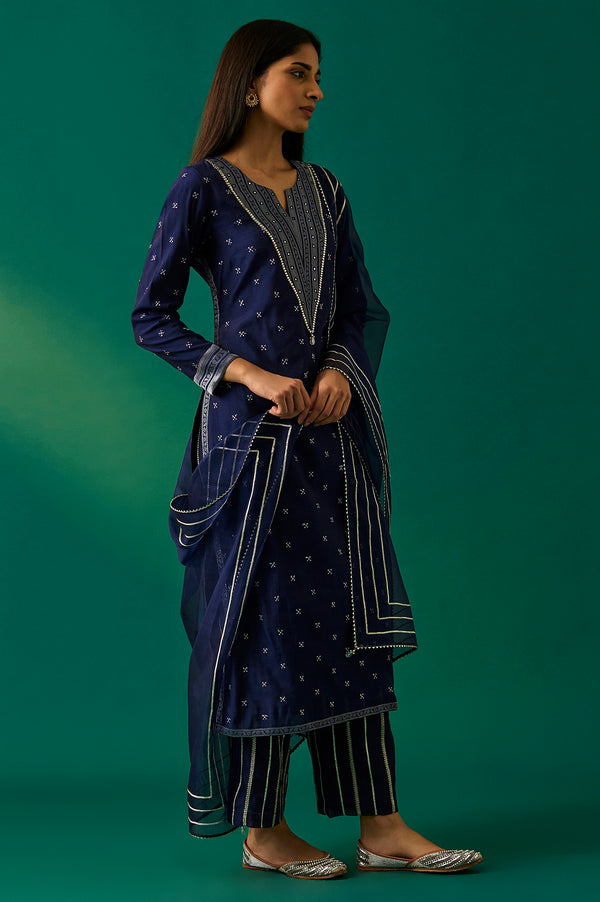 Navy Blue Embroidered Straight Kurta with Straight Pant and Dupatta Set
