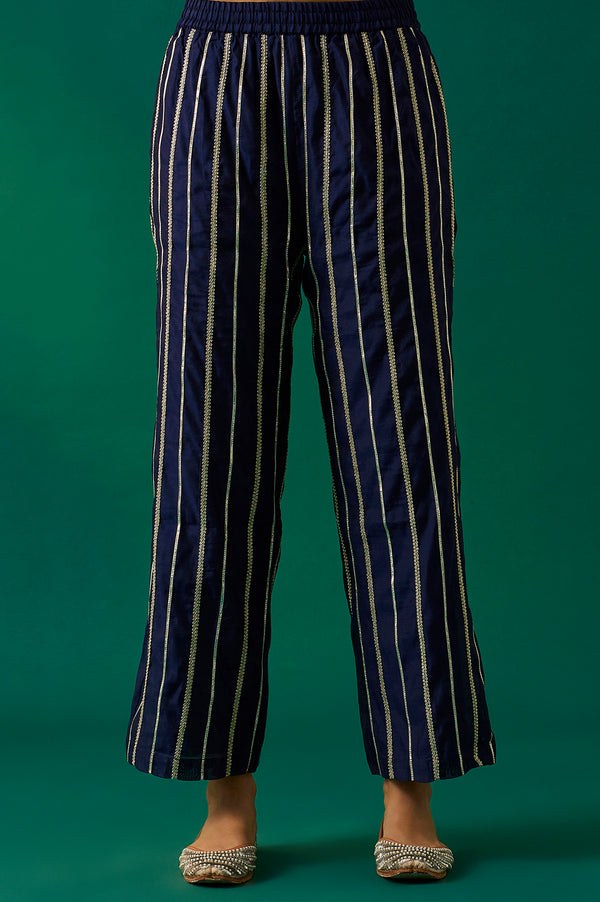 Navy Blue Embroidered Straight Kurta with Straight Pant and Dupatta Set