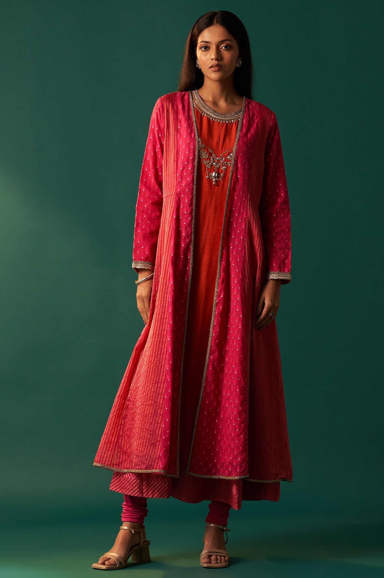 Orange Embroidered Flared Shantung Dress with Jacket Set