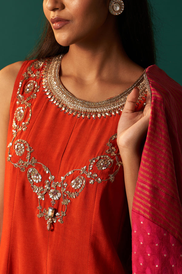 Orange Embroidered Flared Shantung Dress with Jacket Set