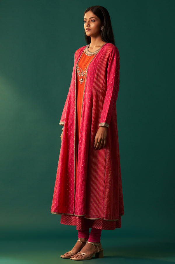 Orange Embroidered Flared Shantung Dress with Jacket Set