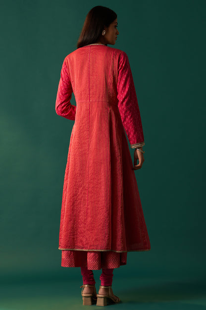 Orange Embroidered Flared Shantung Dress with Jacket Set