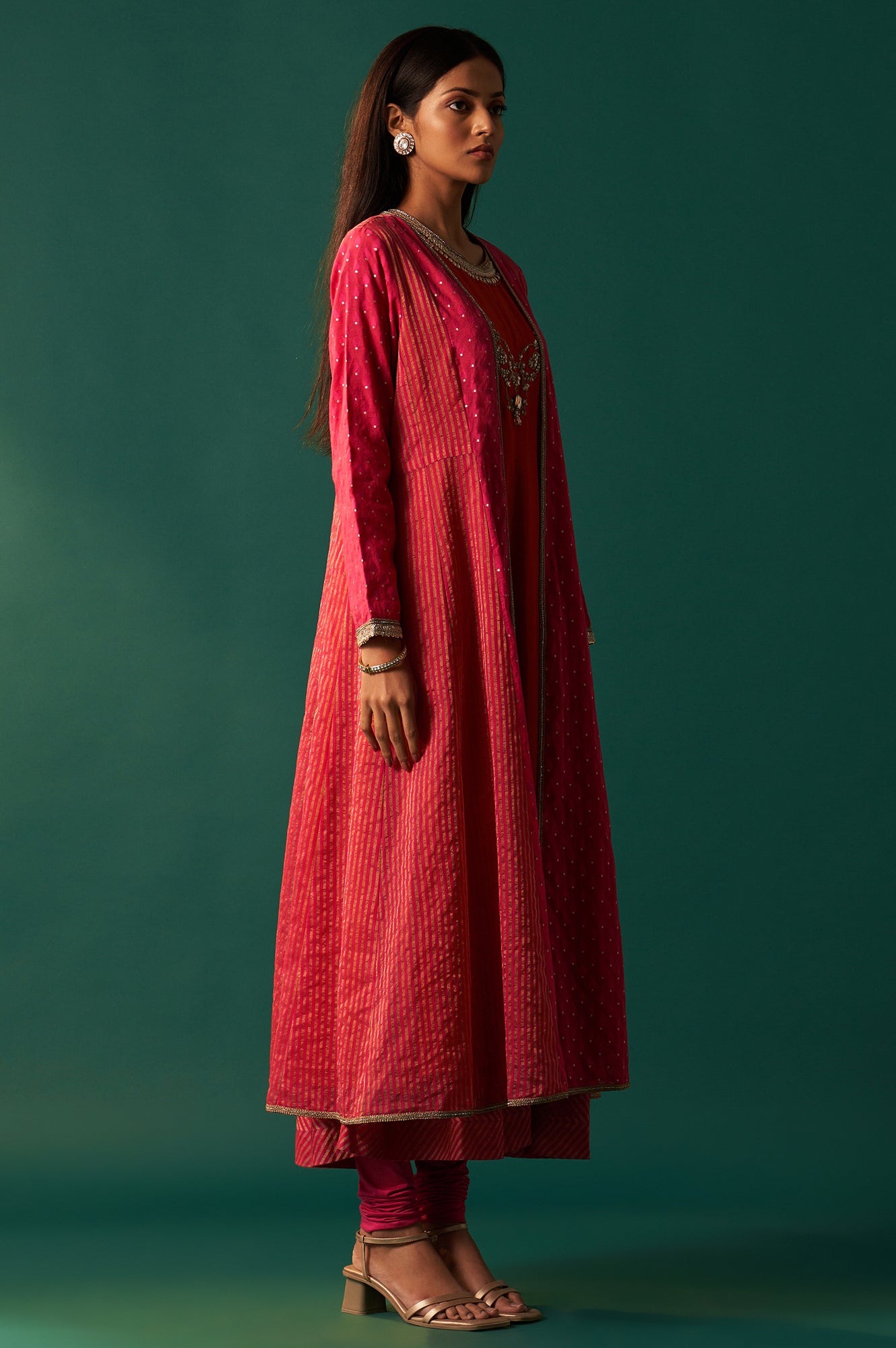 Orange Embroidered Flared Shantung Dress with Jacket Set