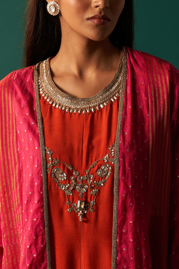 Orange Embroidered Flared Shantung Dress with Jacket Set