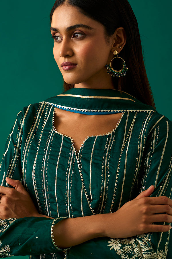 Green Striped Embroidered Angrakha Rayon Kurta with Trouser and Dupatta Set