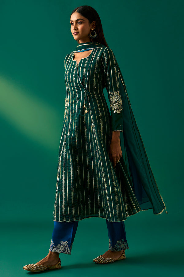 Green Striped Embroidered Angrakha Rayon Kurta with Trouser and Dupatta Set