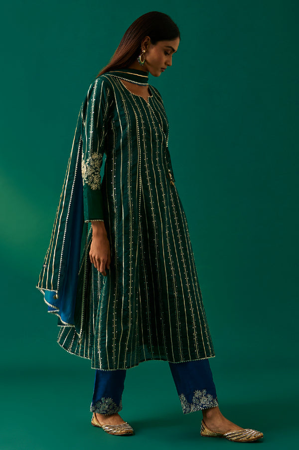 Green Striped Embroidered Angrakha Rayon Kurta with Trouser and Dupatta Set