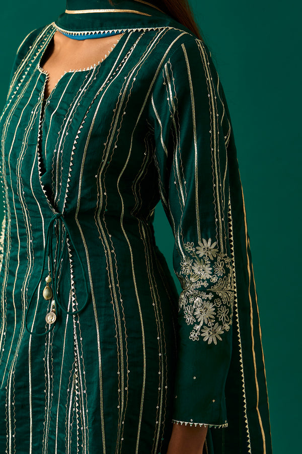 Green Striped Embroidered Angrakha Rayon Kurta with Trouser and Dupatta Set