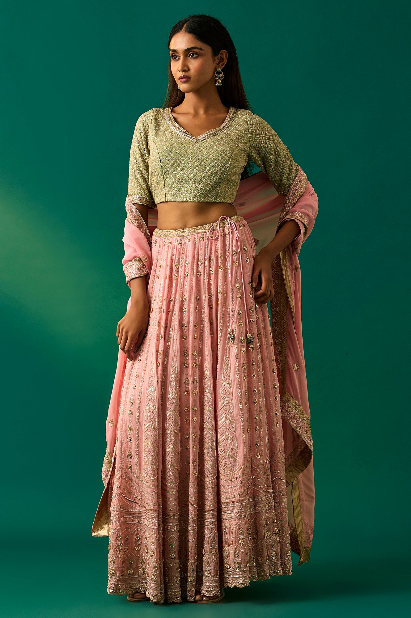 Green Embroidered Anarkali Blouse with Skirt and Dupatta Set