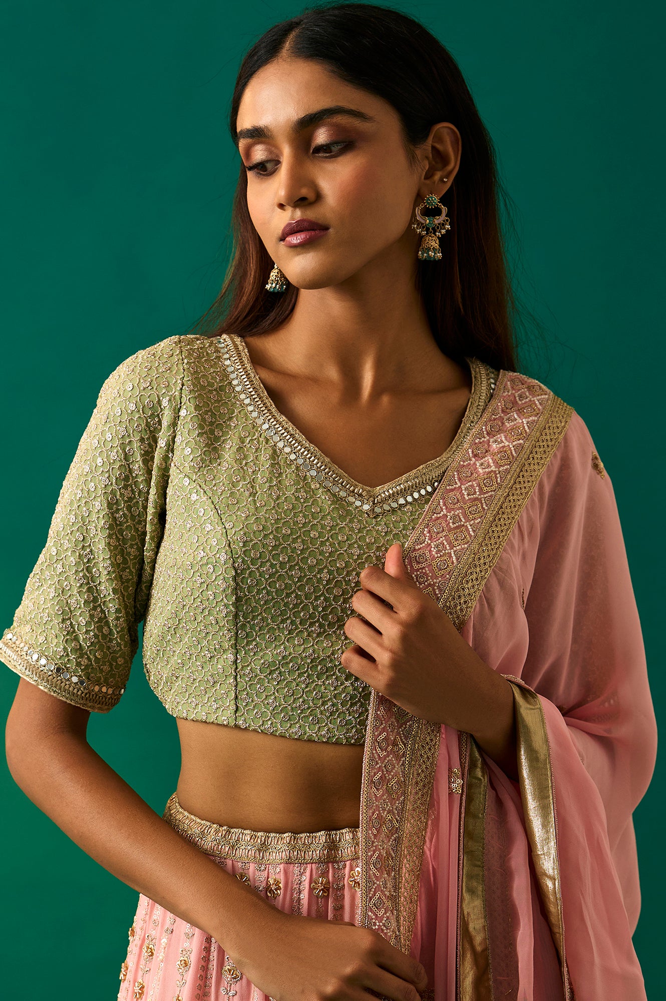 Green Embroidered Anarkali Blouse with Skirt and Dupatta Set