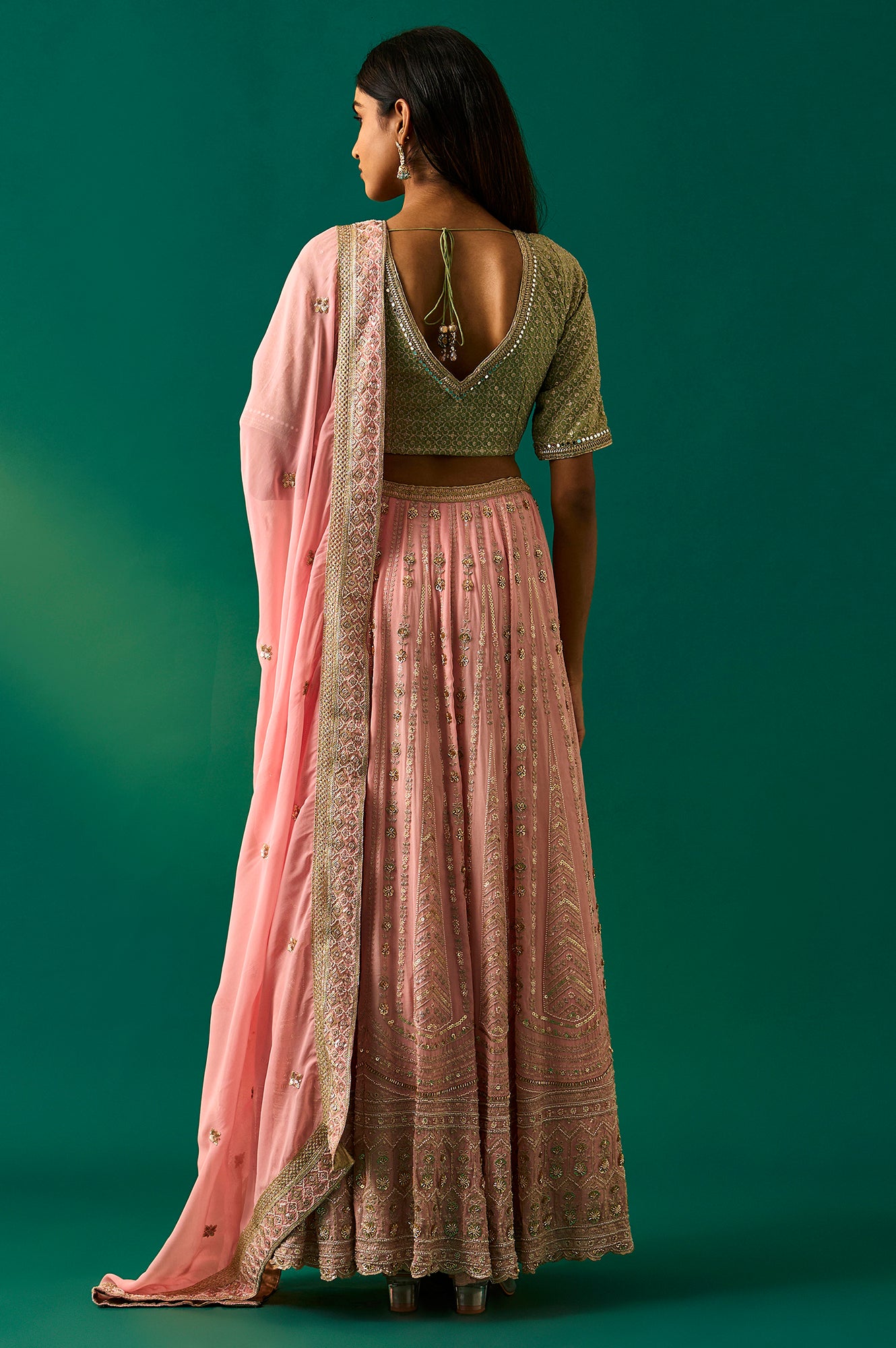 Green Embroidered Anarkali Blouse with Skirt and Dupatta Set