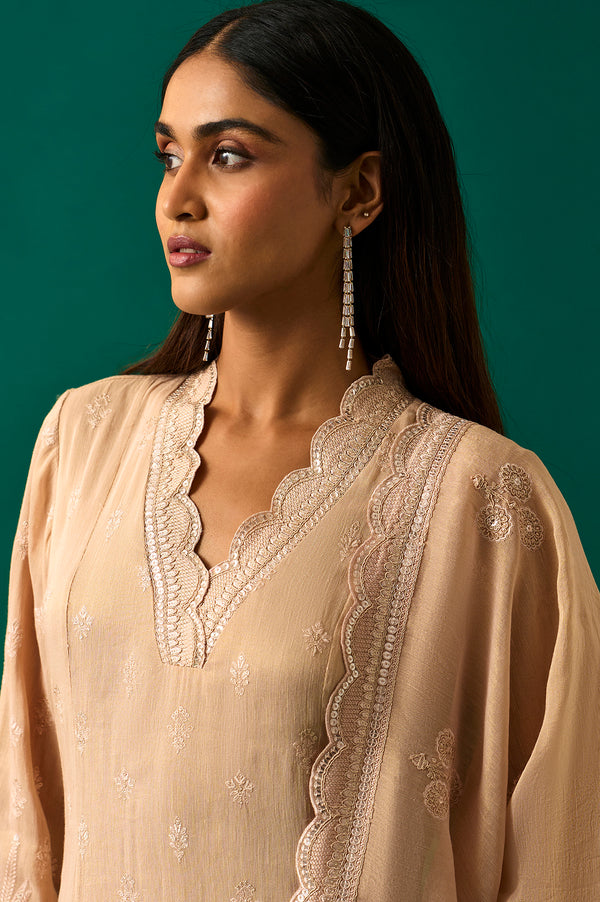 Beige Embroidered Anarkali Kurta with Straight Pant and Dupatta Set