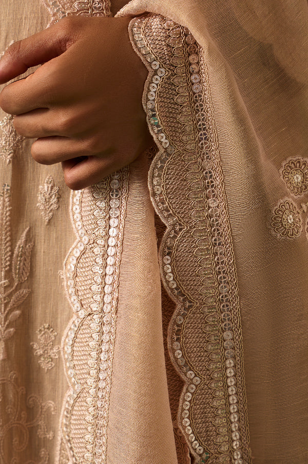 Beige Embroidered Anarkali Kurta with Straight Pant and Dupatta Set