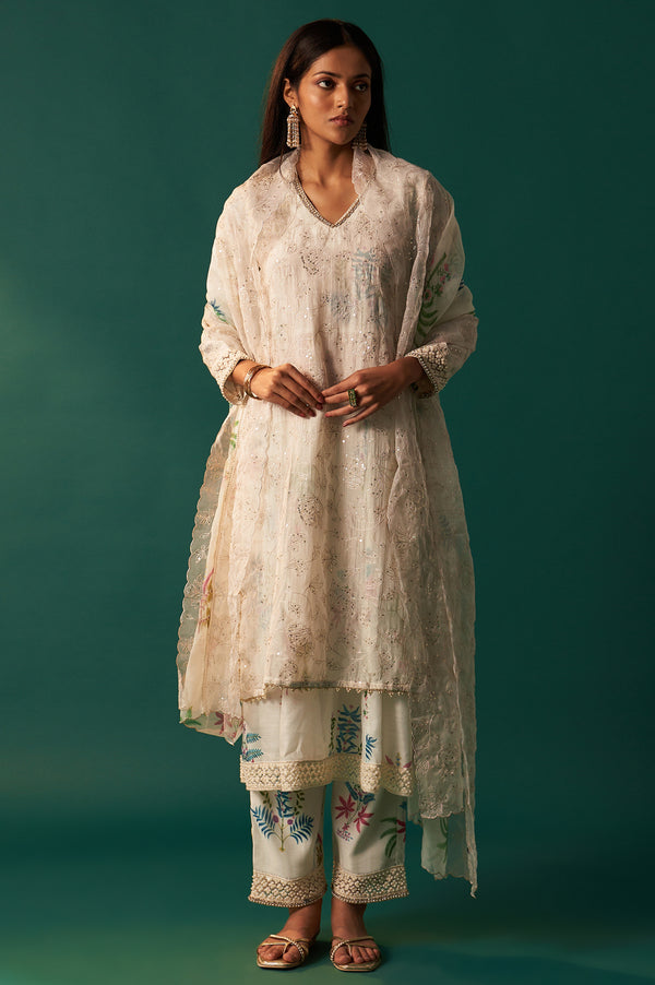 White Floral Printed and Embroidered Layered Cotton Blend Kurta with Pant and Dupatta Set