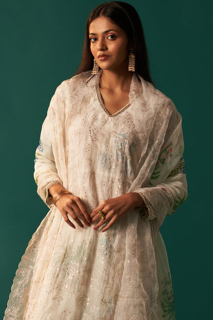 White Floral Printed and Embroidered Layered Cotton Blend Kurta with Pant and Dupatta Set