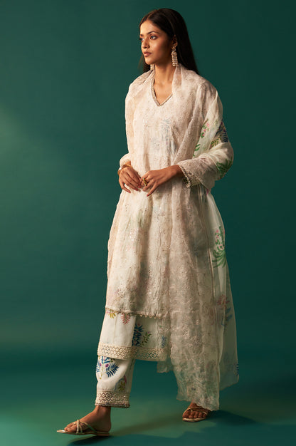 White Floral Printed and Embroidered Layered Cotton Blend Kurta with Pant and Dupatta Set