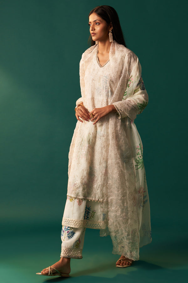 White Floral Printed and Embroidered Layered Cotton Blend Kurta with Pant and Dupatta Set