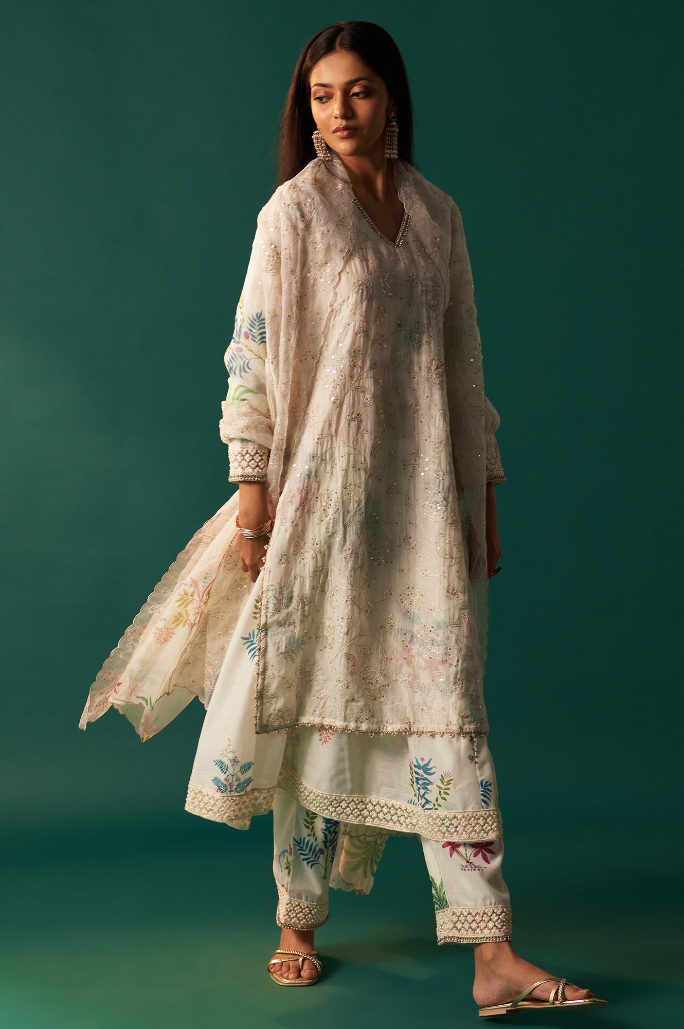 White Floral Printed and Embroidered Layered Cotton Blend Kurta with Pant and Dupatta Set