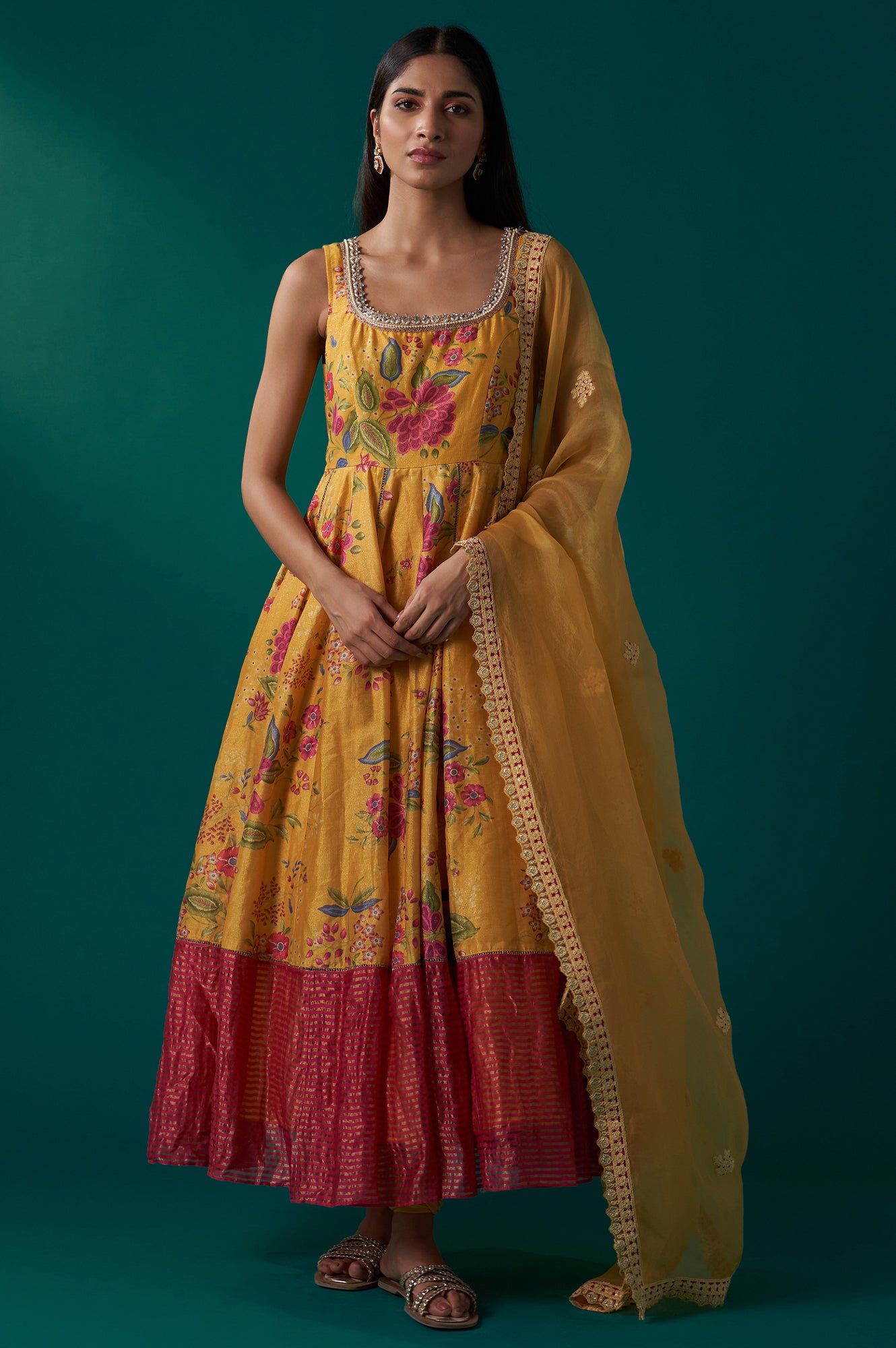 Yellow Floral Print Embroidered Anarkali Tissue Kurta with Churidar and Dupatta Set