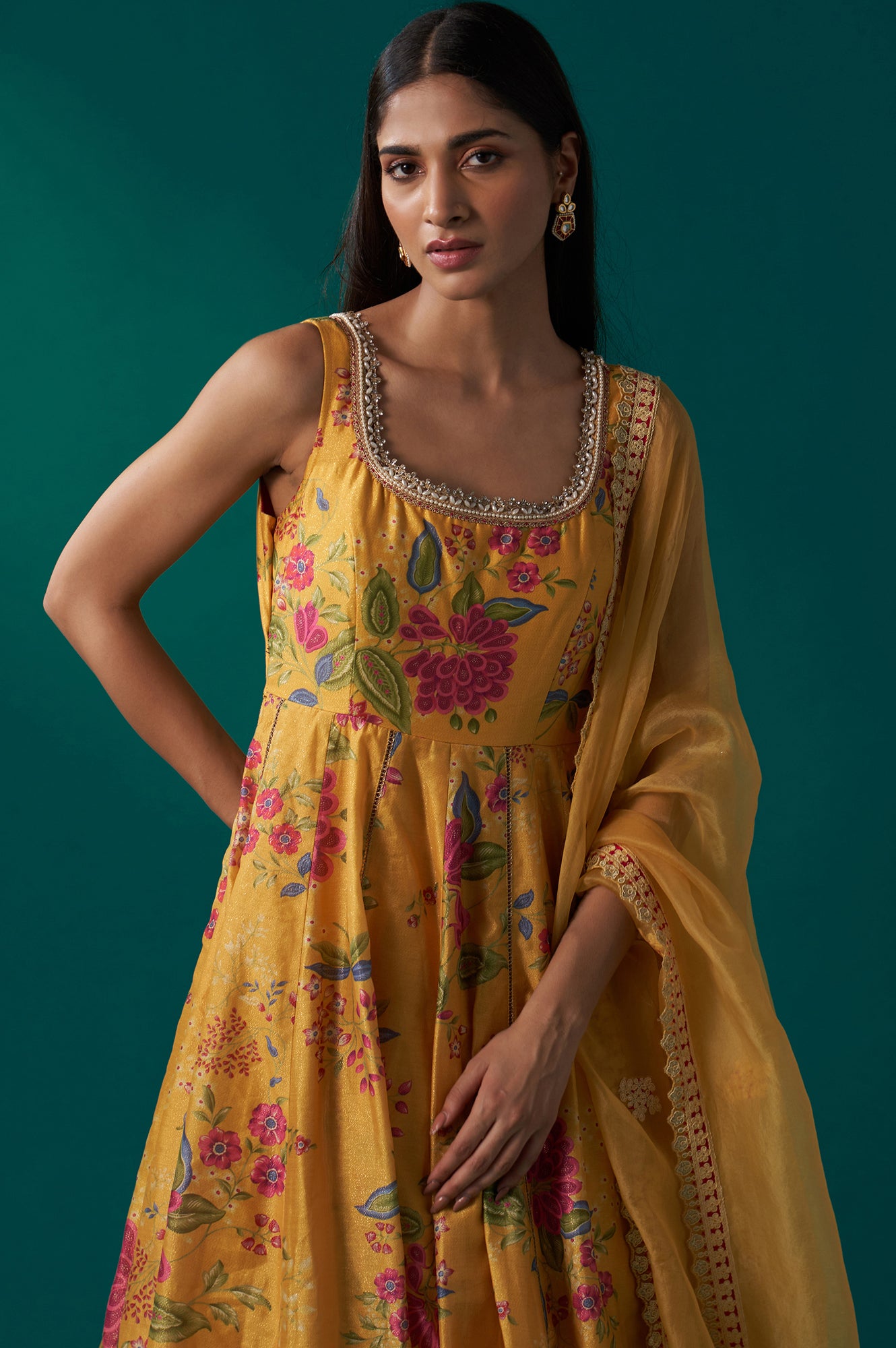 Yellow Floral Print Embroidered Anarkali Tissue Kurta with Churidar and Dupatta Set