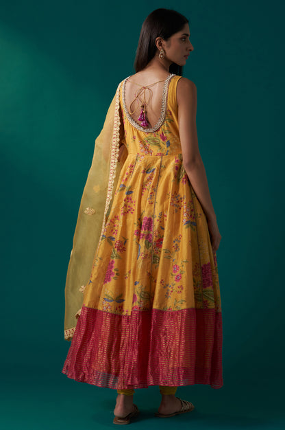 Yellow Floral Print Embroidered Anarkali Tissue Kurta with Churidar and Dupatta Set