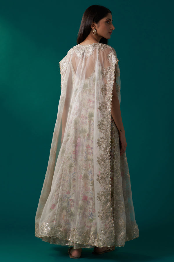 White Floral Printed Anarkali Dress and Embroidered Organza Cape Set