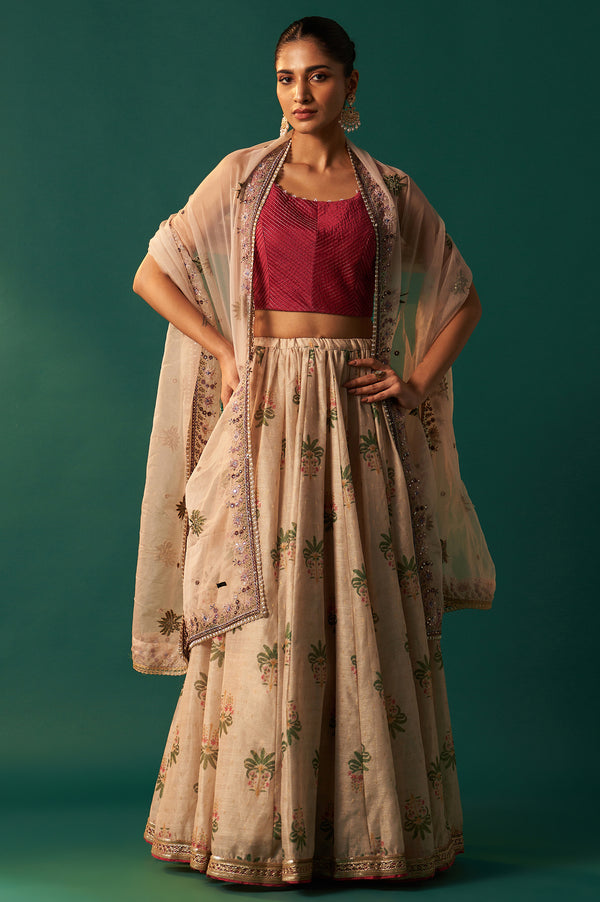 Pink Bead Work Pintuck Blouse with Jacquard Skirt and Dupatta Set