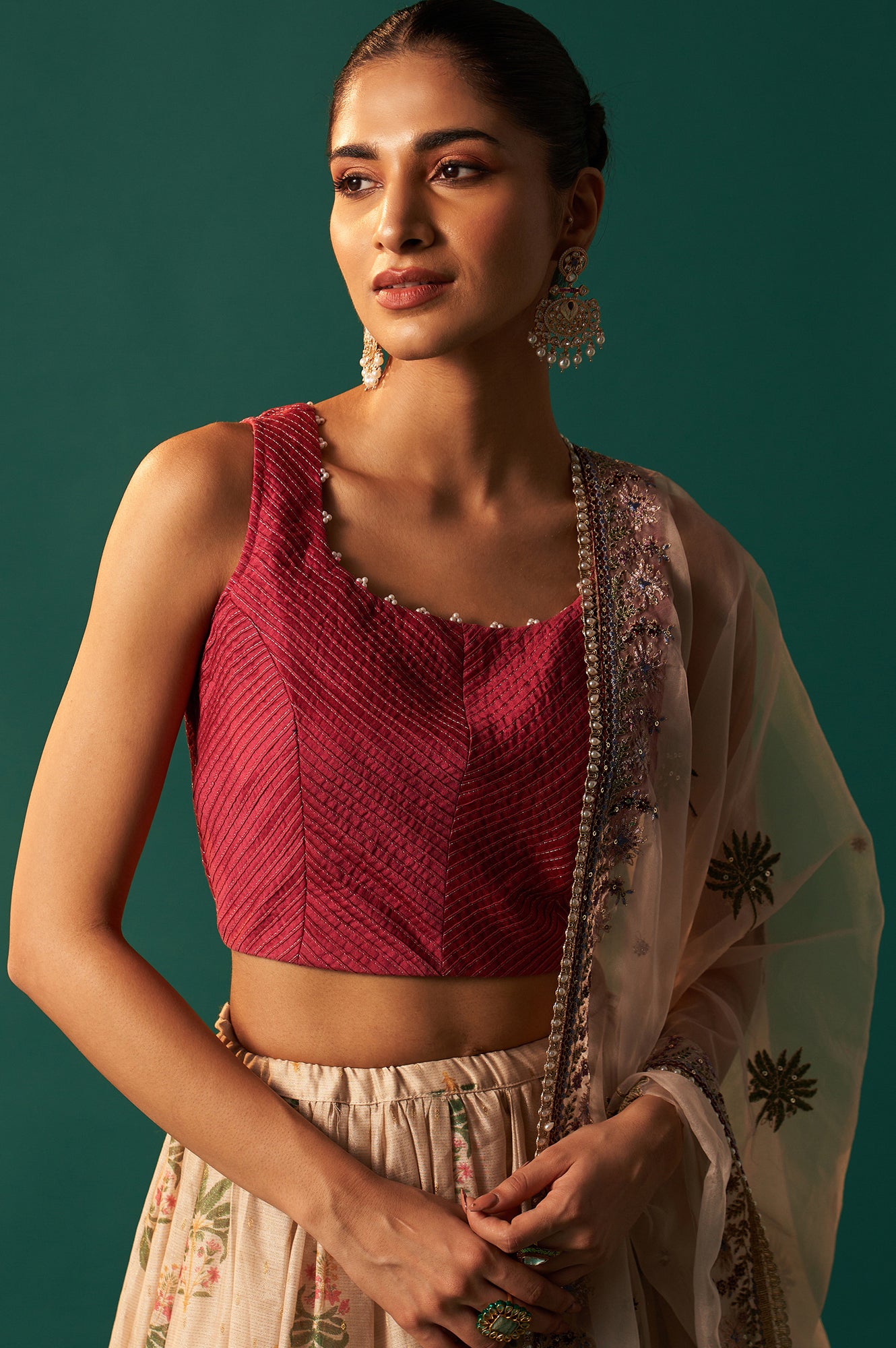 Pink Bead Work Pintuck Blouse with Jacquard Skirt and Dupatta Set