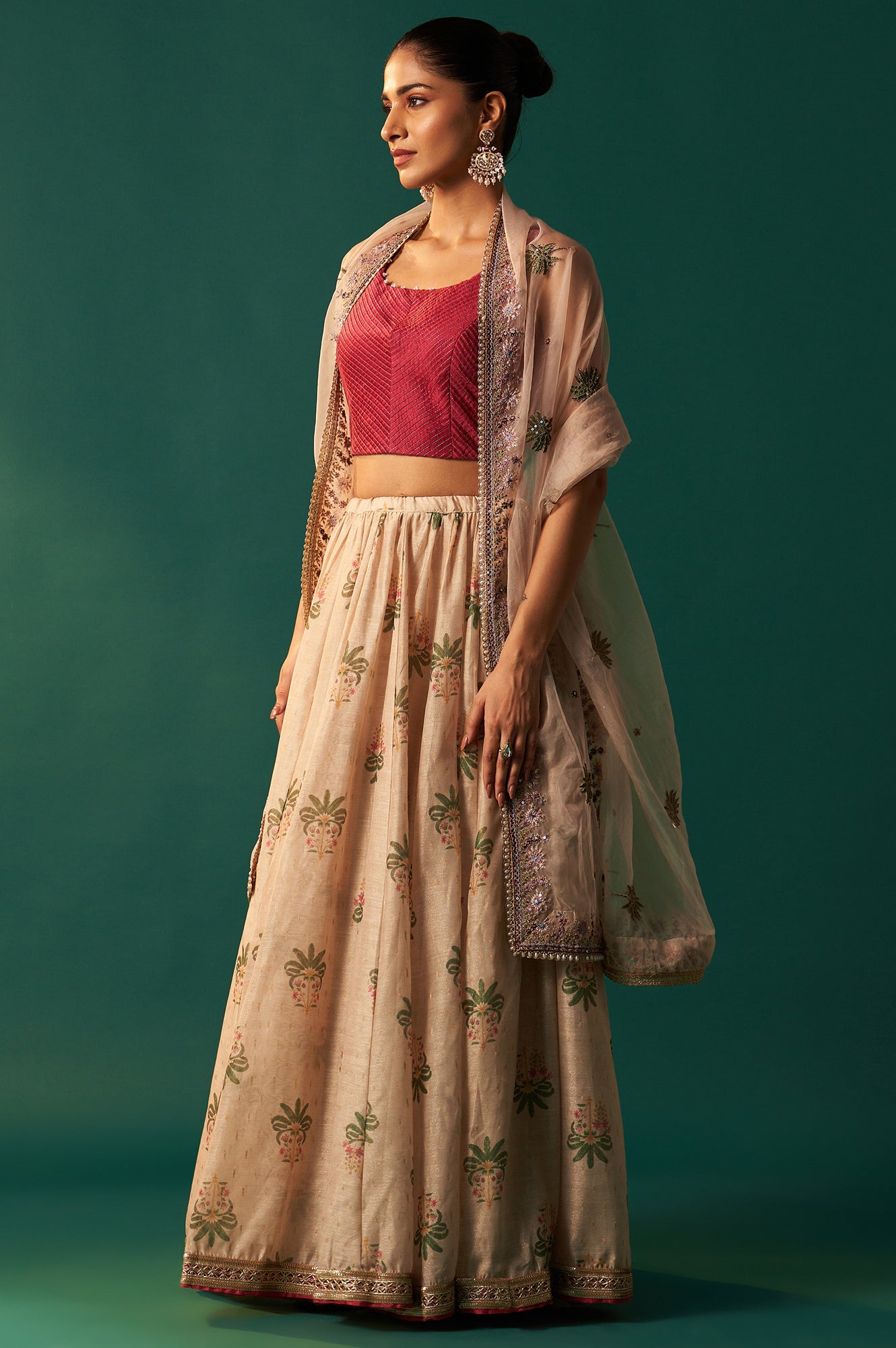 Pink Bead Work Pintuck Blouse with Jacquard Skirt and Dupatta Set