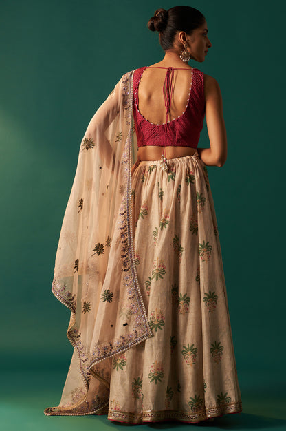 Pink Bead Work Pintuck Blouse with Jacquard Skirt and Dupatta Set