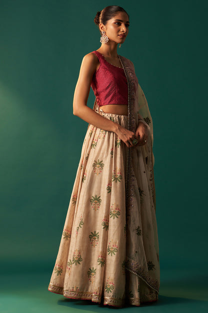 Pink Bead Work Pintuck Blouse with Jacquard Skirt and Dupatta Set