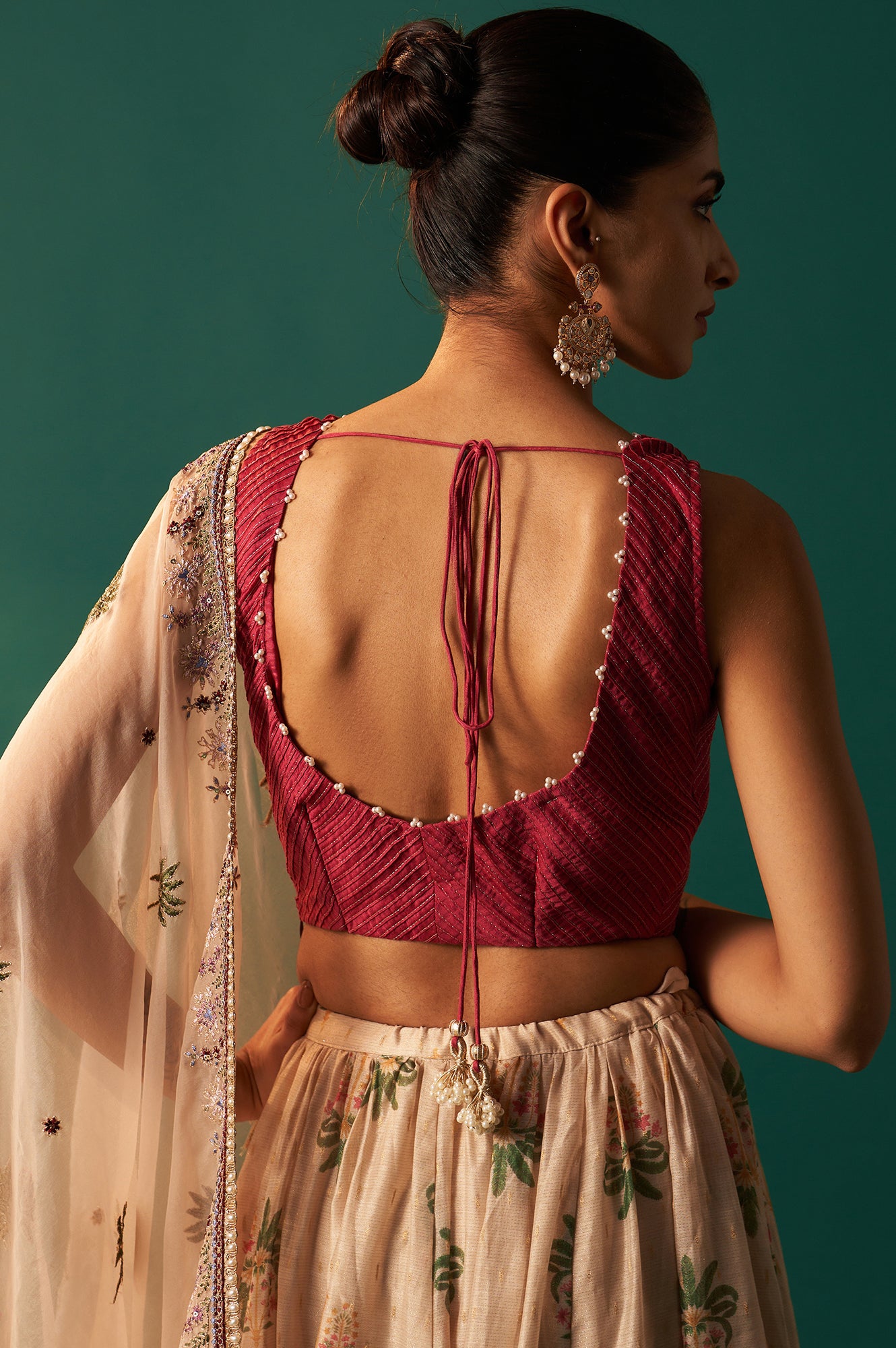 Pink Bead Work Pintuck Blouse with Jacquard Skirt and Dupatta Set