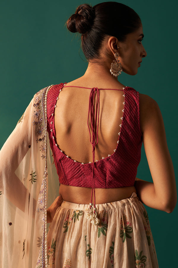 Pink Bead Work Pintuck Blouse with Jacquard Skirt and Dupatta Set