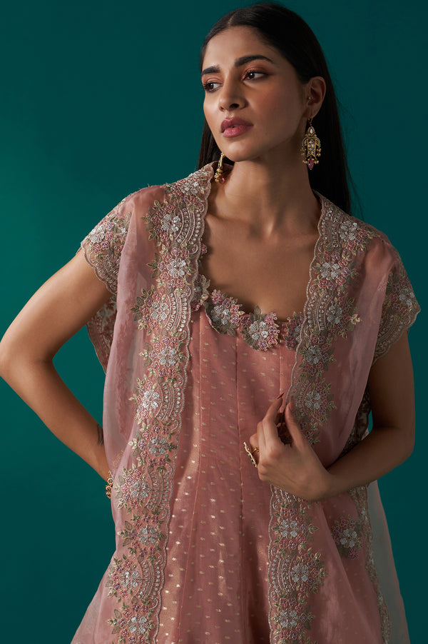 Peach Heavy Embroidered Tissue Cape and Anarkali Dress Set