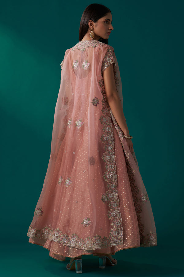 Peach Heavy Embroidered Tissue Cape and Anarkali Dress Set