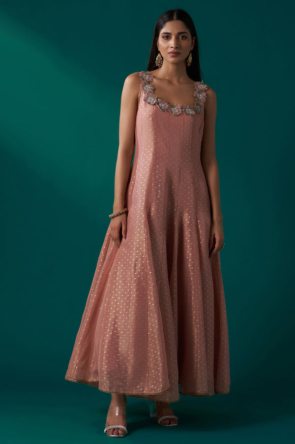 Peach Heavy Embroidered Tissue Cape and Anarkali Dress Set