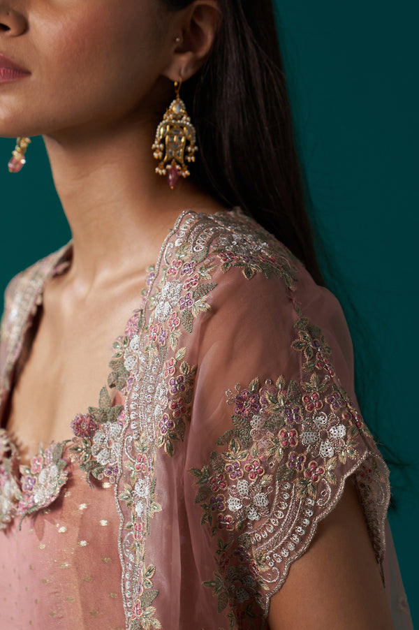 Peach Heavy Embroidered Tissue Cape and Anarkali Dress Set