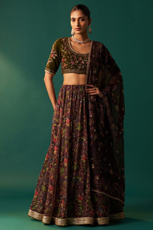 Green Embroidered Velvet Blouse with Floral Printed Skirt and Dupatta Set