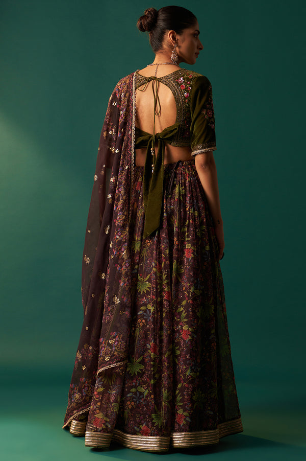 Green Embroidered Velvet Blouse with Floral Printed Skirt and Dupatta Set