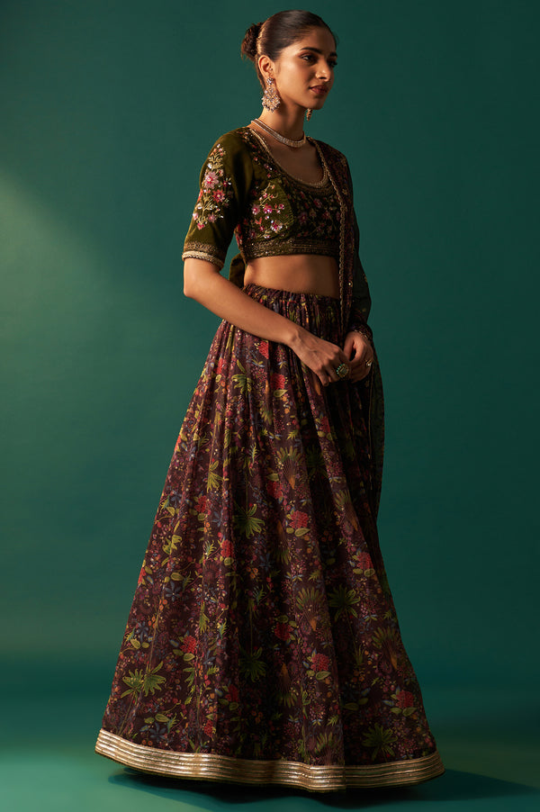 Green Embroidered Velvet Blouse with Floral Printed Skirt and Dupatta Set