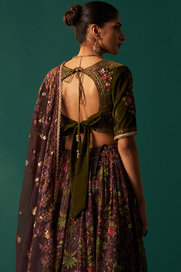 Green Embroidered Velvet Blouse with Floral Printed Skirt and Dupatta Set