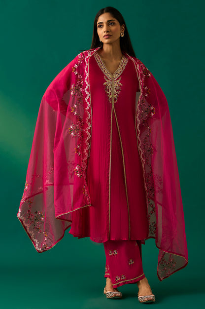 Pink Embroidered Straight Rayon Kurta with Parallel Pant and Dupatta Set