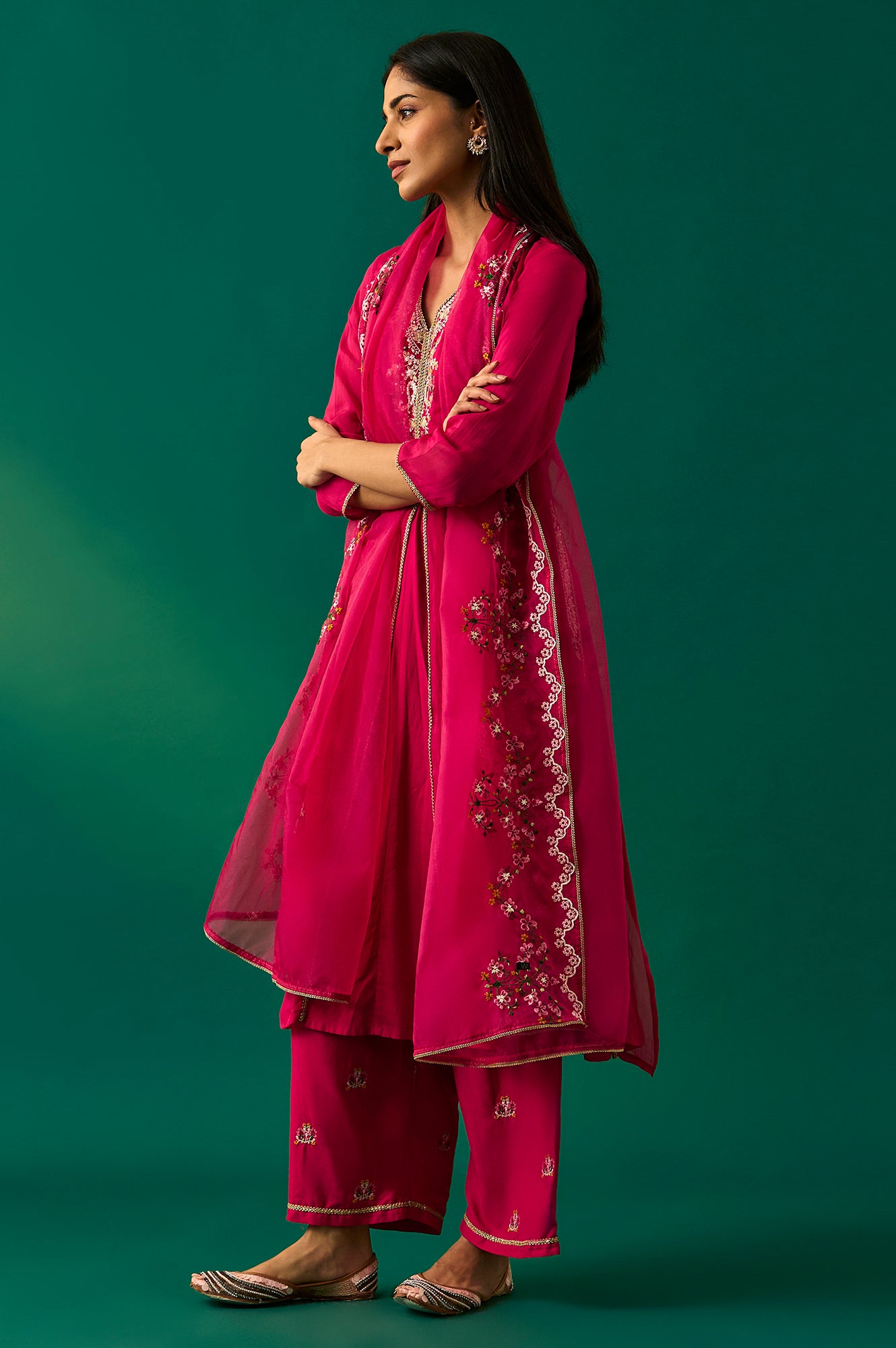 Pink Embroidered Straight Rayon Kurta with Parallel Pant and Dupatta Set