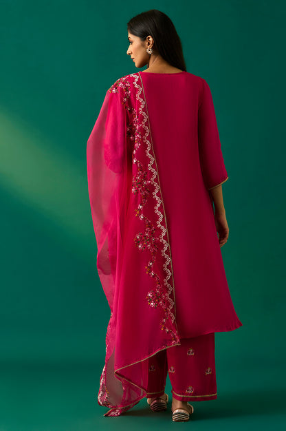 Pink Embroidered Straight Rayon Kurta with Parallel Pant and Dupatta Set