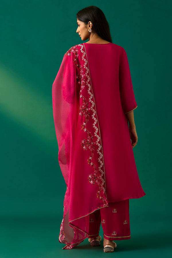Pink Embroidered Straight Rayon Kurta with Parallel Pant and Dupatta Set