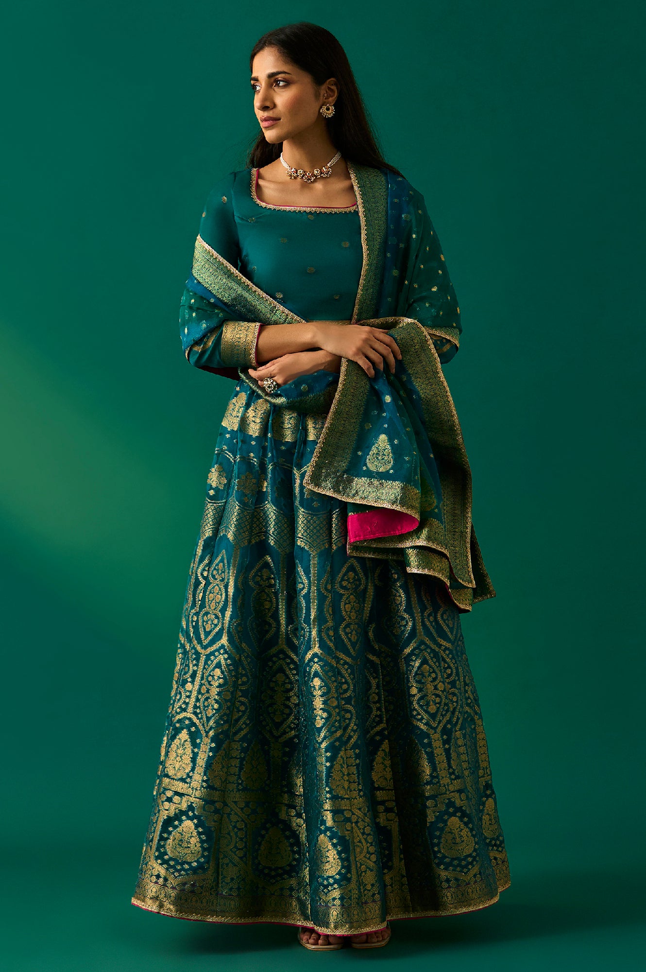 Green Embellished Fitted Organza Blouse with Skirt and Dupatta Set