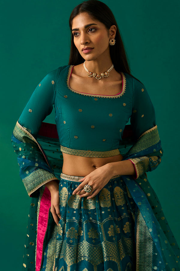 Green Embellished Fitted Organza Blouse with Skirt and Dupatta Set