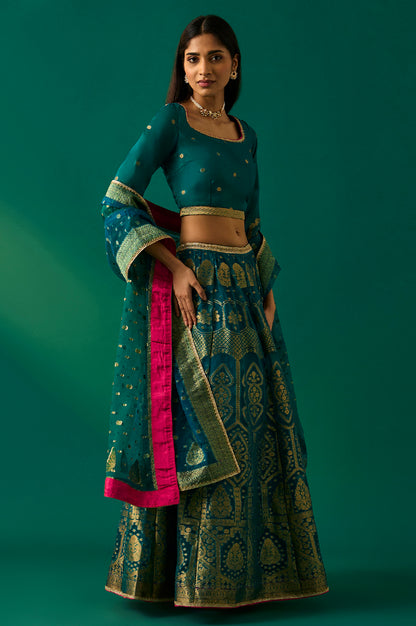 Green Embellished Fitted Organza Blouse with Skirt and Dupatta Set